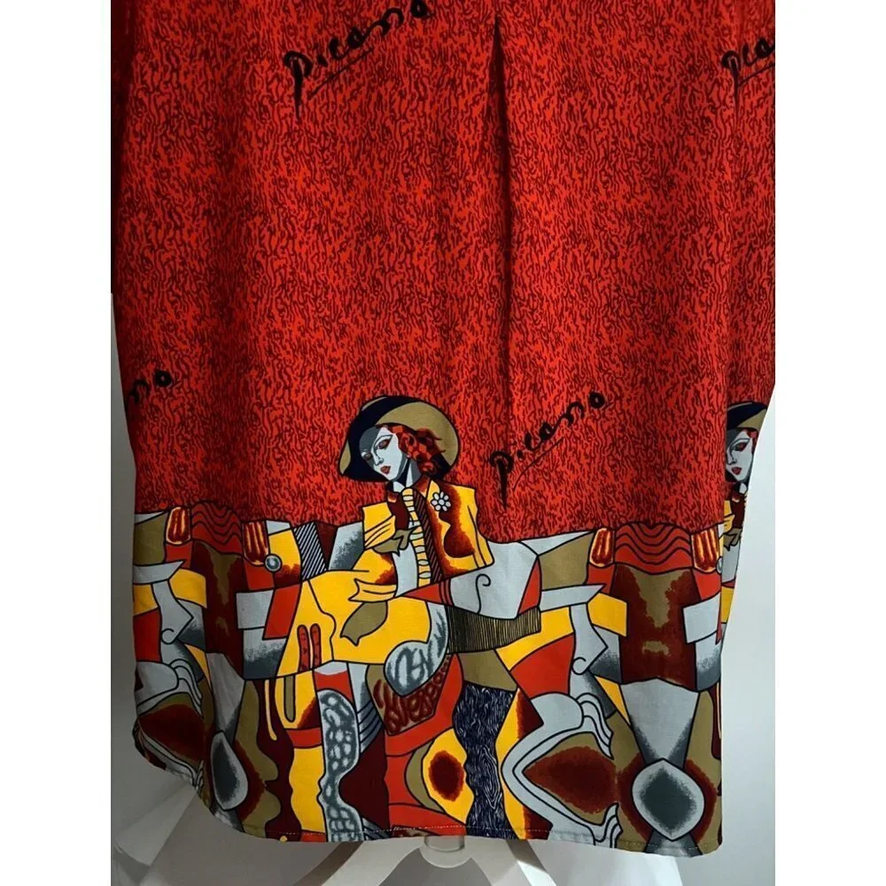 Pablo Picasso Vintage 80s Pop Art Print Red Button Front Camp Shirt XL Pocket